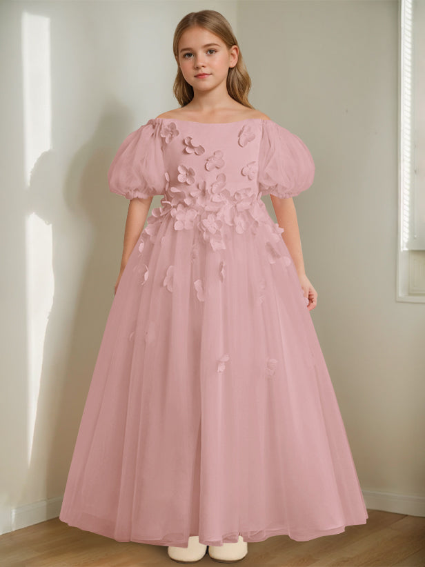 A-Line/Princess Off-the-Shoulder Ankle-Length Flower Girl Dress with Beads & 3D Flowers Dusty Rose