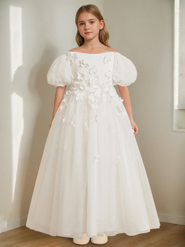 A-Line/Princess Off-the-Shoulder Ankle-Length Flower Girl Dress with Beads & 3D Flowers Ivory
