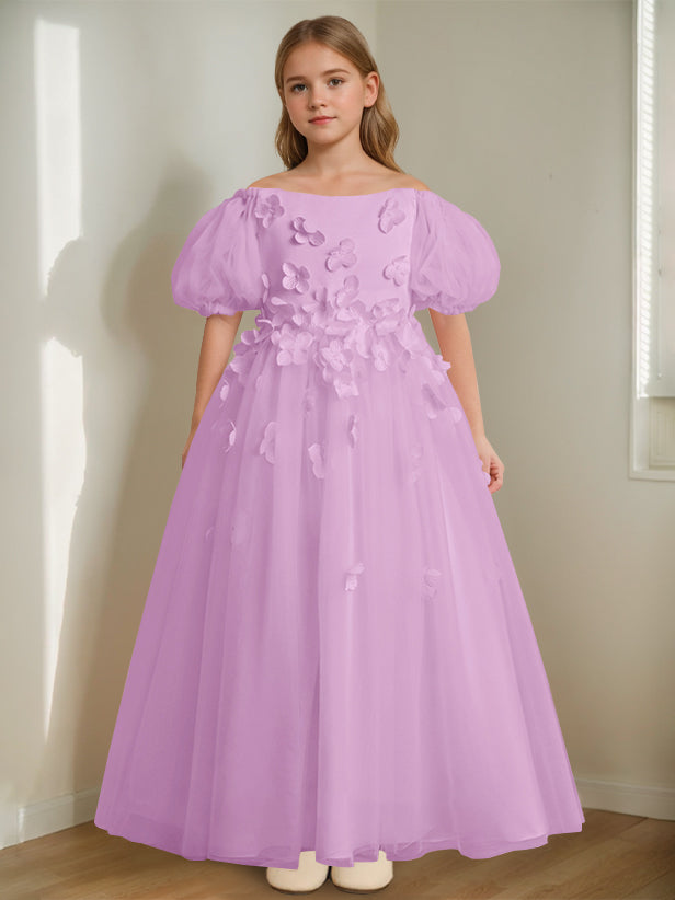 A-Line/Princess Off-the-Shoulder Ankle-Length Flower Girl Dress with Beads & 3D Flowers Lilac