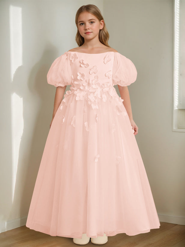 A-Line/Princess Off-the-Shoulder Ankle-Length Flower Girl Dress with Beads & 3D Flowers Pearl Pink