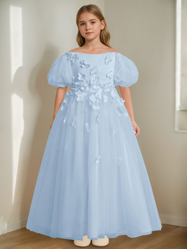 A-Line/Princess Off-the-Shoulder Ankle-Length Flower Girl Dress with Beads & 3D Flowers Sky Blue