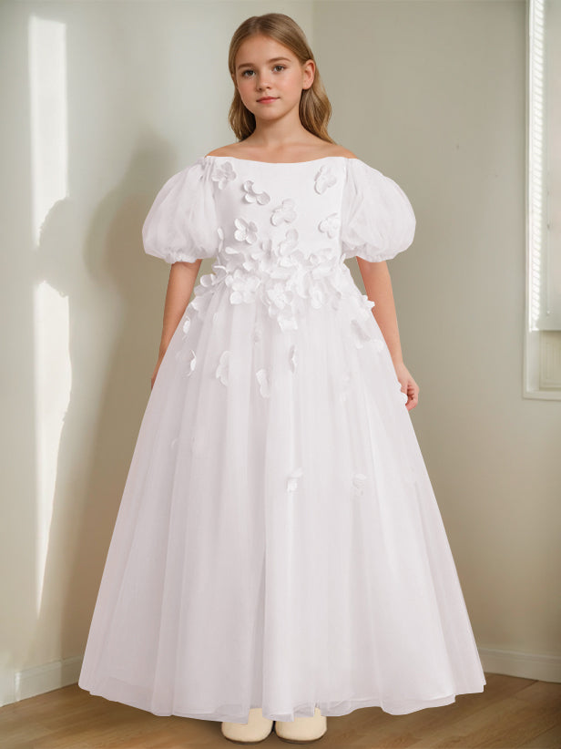 A-Line/Princess Off-the-Shoulder Ankle-Length Flower Girl Dress with Beads & 3D Flowers White