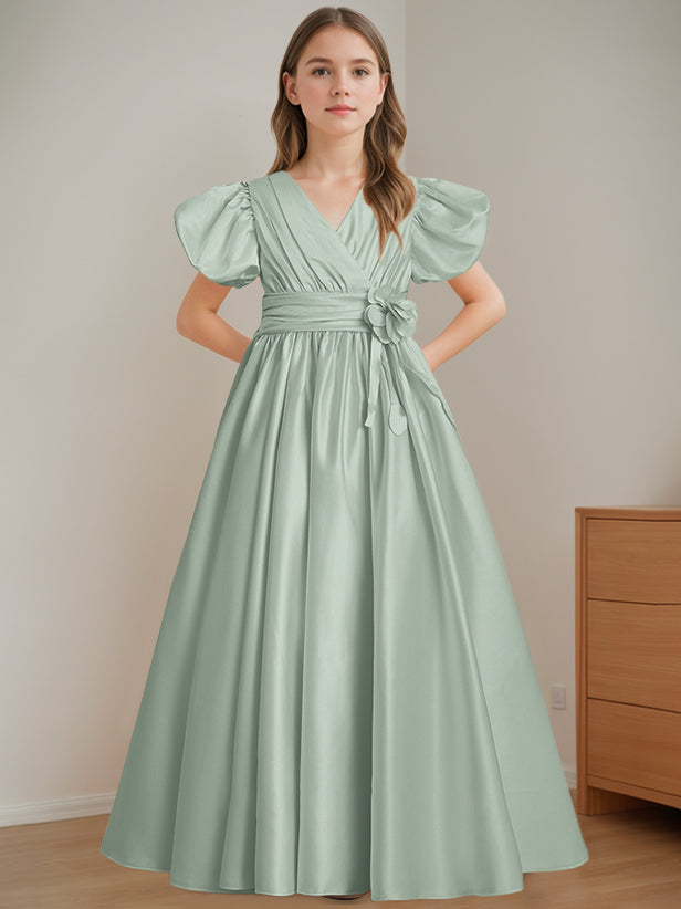 A-Line/Princess V-Neck Short Sleeves Floor-Length Flower Girl Dress with 3D Flowers Agave