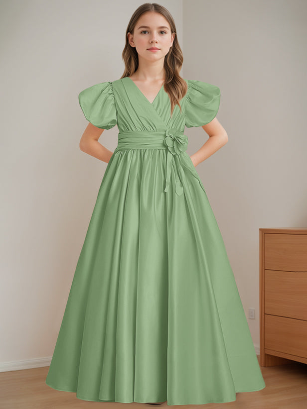 A-Line/Princess V-Neck Short Sleeves Floor-Length Flower Girl Dress with 3D Flowers Basil
