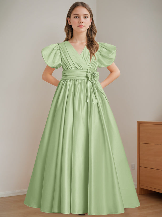 A-Line/Princess V-Neck Short Sleeves Floor-Length Flower Girl Dress with 3D Flowers Celadon