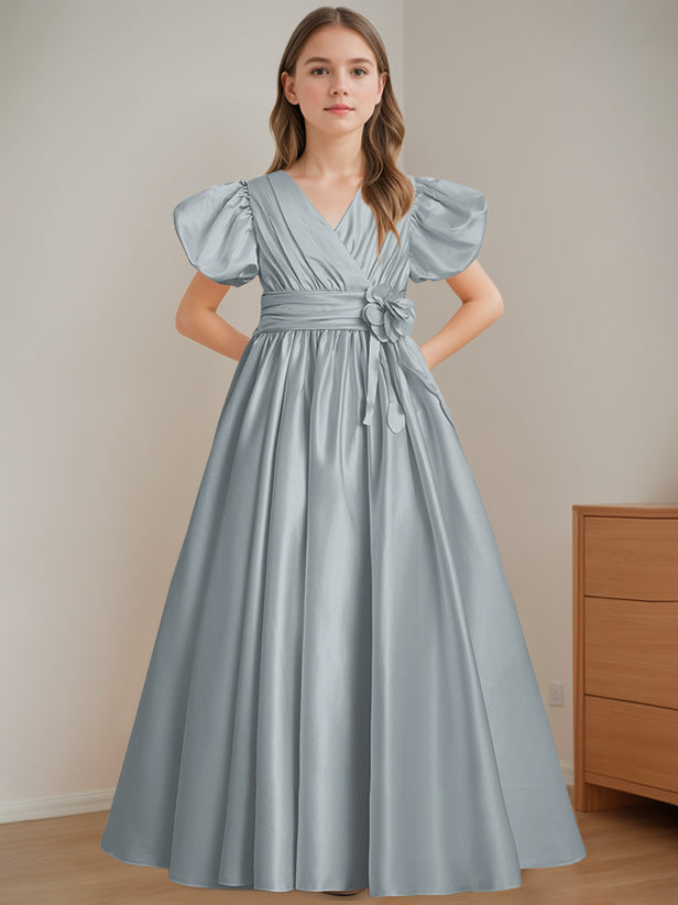 A-Line/Princess V-Neck Short Sleeves Floor-Length Flower Girl Dress with 3D Flowers Dusty Blue