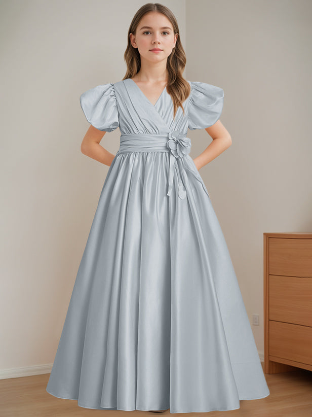 A-Line/Princess V-Neck Short Sleeves Floor-Length Flower Girl Dress with 3D Flowers Ice Blue