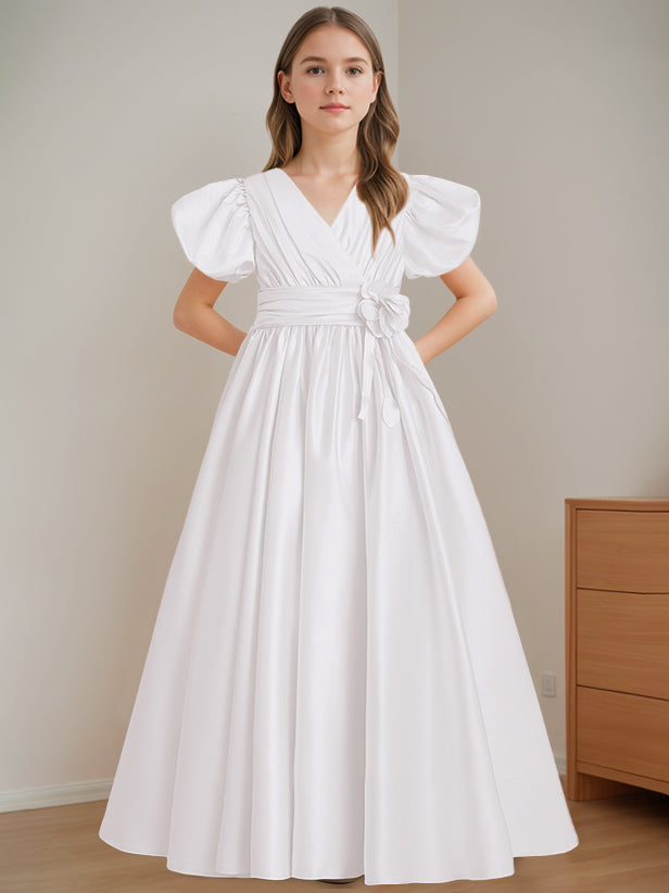 A-Line/Princess V-Neck Short Sleeves Floor-Length Flower Girl Dress with 3D Flowers White