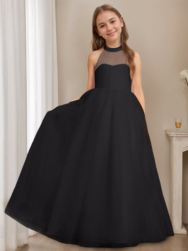 A-Line/Princess Halter Neck Sleeveless Floor-Length Flower Girl Dress with Bowknot Black