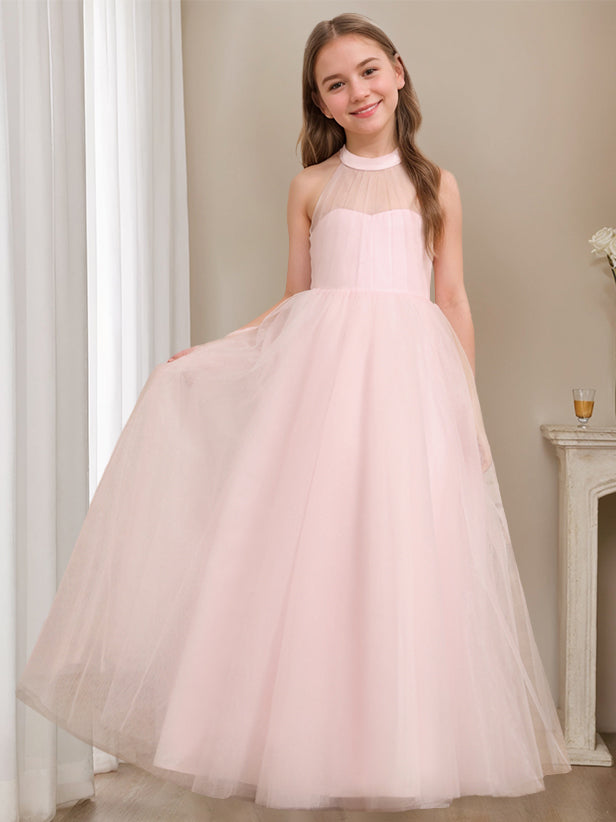 A-Line/Princess Halter Neck Sleeveless Floor-Length Flower Girl Dress with Bowknot Blush Pink