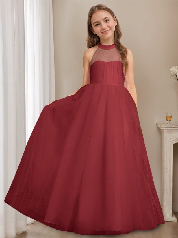 A-Line/Princess Halter Neck Sleeveless Floor-Length Flower Girl Dress with Bowknot Burgundy