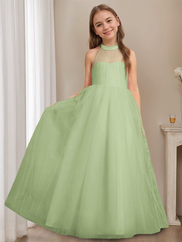 A-Line/Princess Halter Neck Sleeveless Floor-Length Flower Girl Dress with Bowknot Celadon