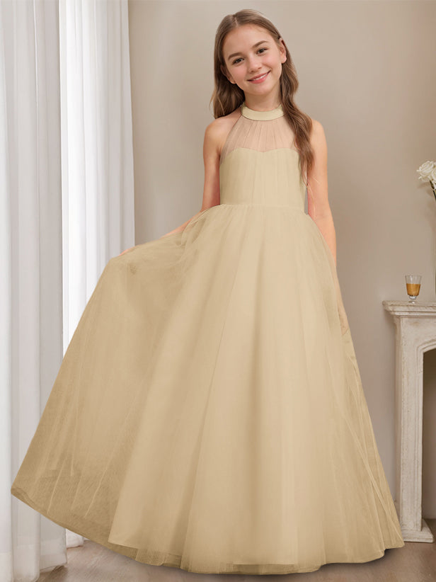 A-Line/Princess Halter Neck Sleeveless Floor-Length Flower Girl Dress with Bowknot Champagne
