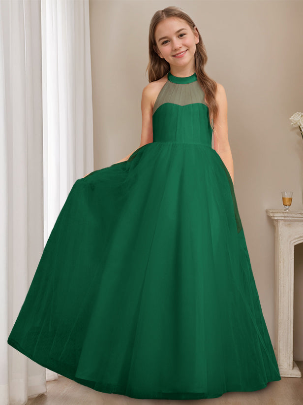 A-Line/Princess Halter Neck Sleeveless Floor-Length Flower Girl Dress with Bowknot Dark Green