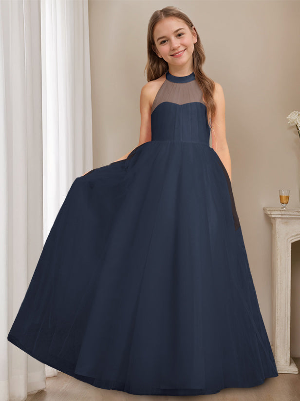 A-Line/Princess Halter Neck Sleeveless Floor-Length Flower Girl Dress with Bowknot Navy Blue