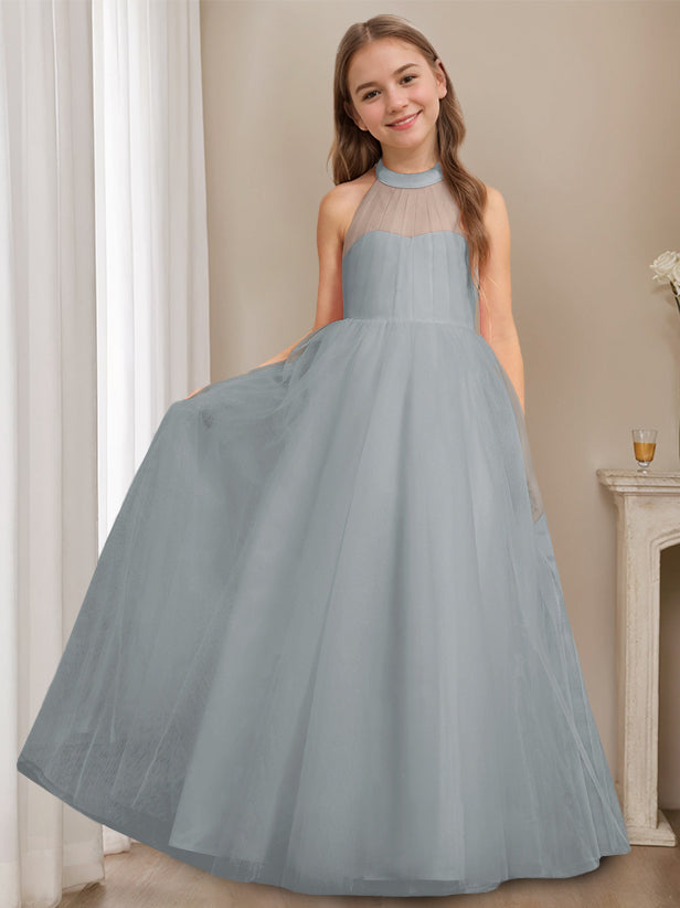 A-Line/Princess Halter Neck Sleeveless Floor-Length Flower Girl Dress with Bowknot Dusty Blue