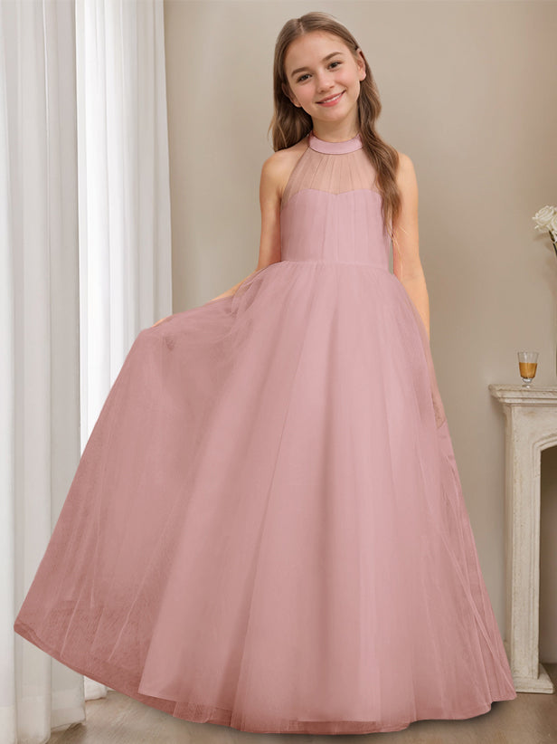 A-Line/Princess Halter Neck Sleeveless Floor-Length Flower Girl Dress with Bowknot Dusty Rose