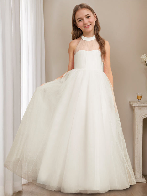 A-Line/Princess Halter Neck Sleeveless Floor-Length Flower Girl Dress with Bowknot Ivory