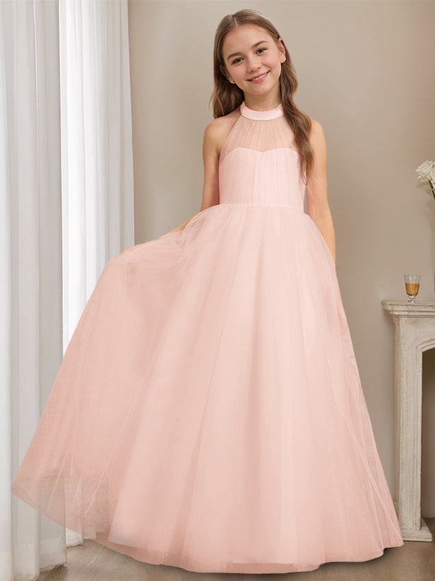 A-Line/Princess Halter Neck Sleeveless Floor-Length Flower Girl Dress with Bowknot Pearl Pink