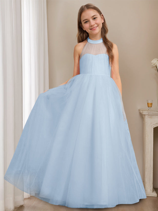 A-Line/Princess Halter Neck Sleeveless Floor-Length Flower Girl Dress with Bowknot Sky Blue