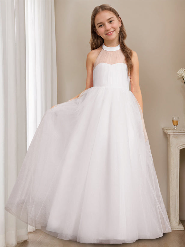 A-Line/Princess Halter Neck Sleeveless Floor-Length Flower Girl Dress with Bowknot White