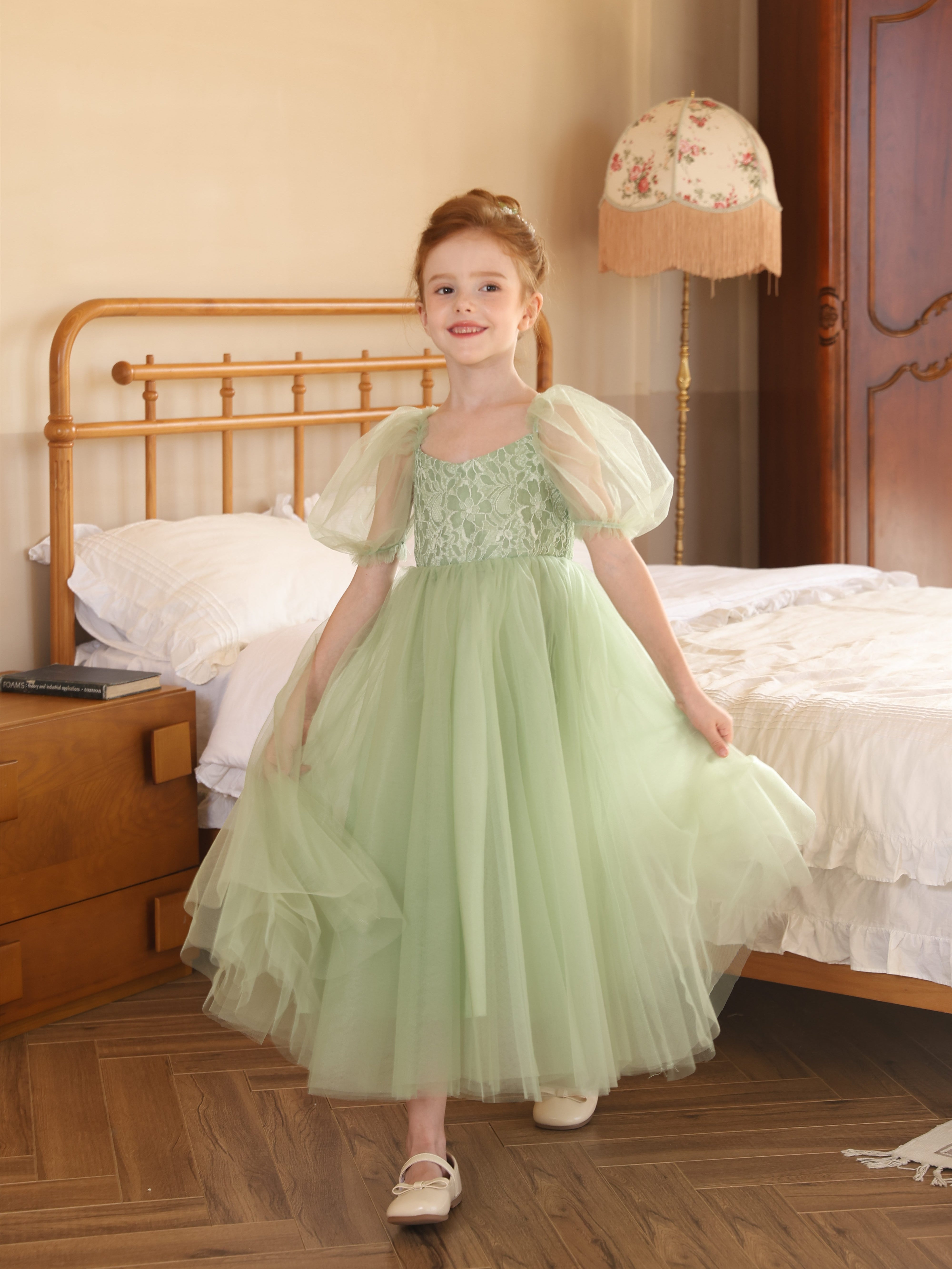 Ball-Gown Tulle Scoop Short Sleeves Tea-Length Flower Girl Dresses As Pic