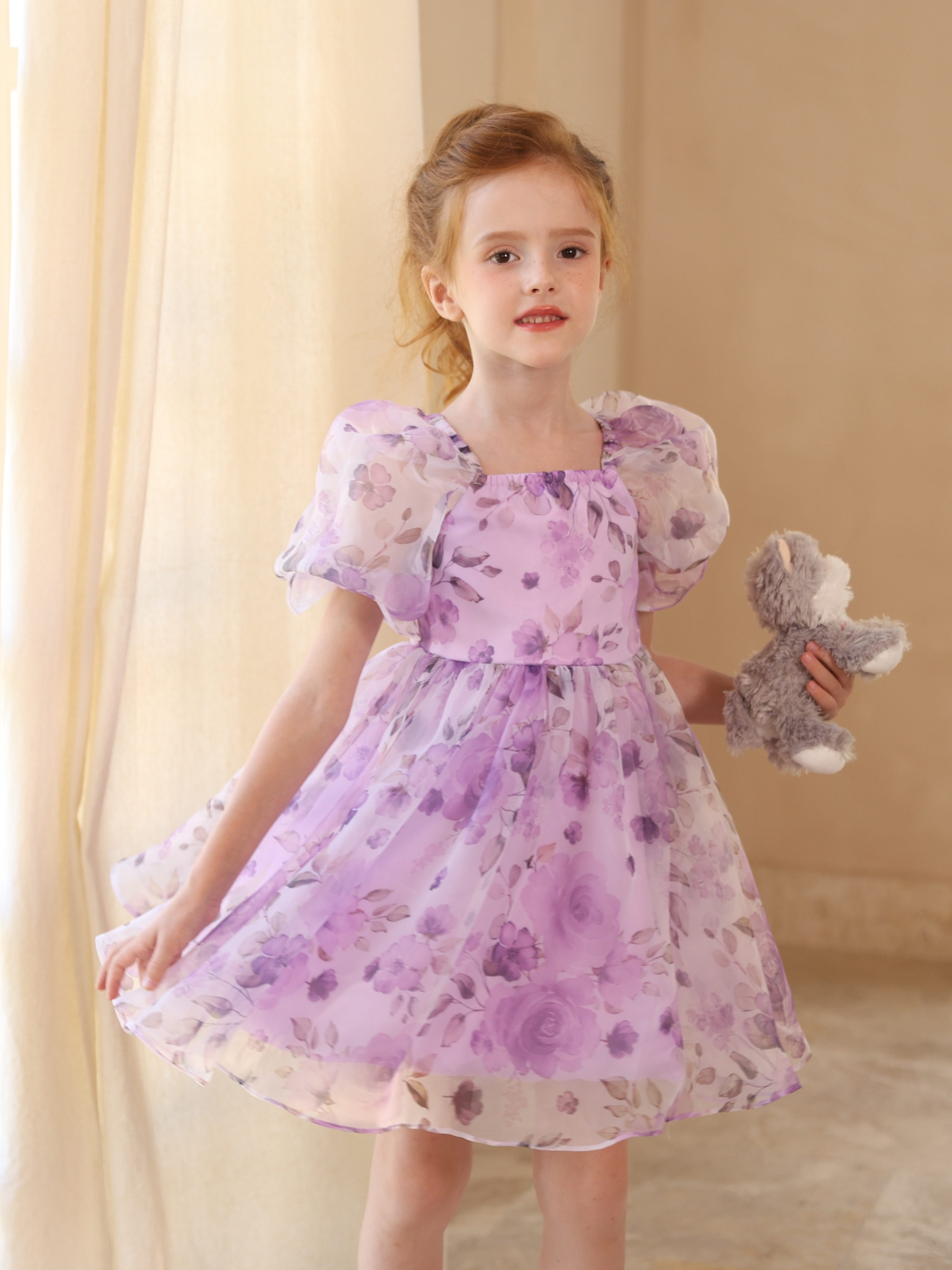 Ball-Gown Tulle Scoop Short Sleeves Short/Mini Flower Girl Dresses Purple