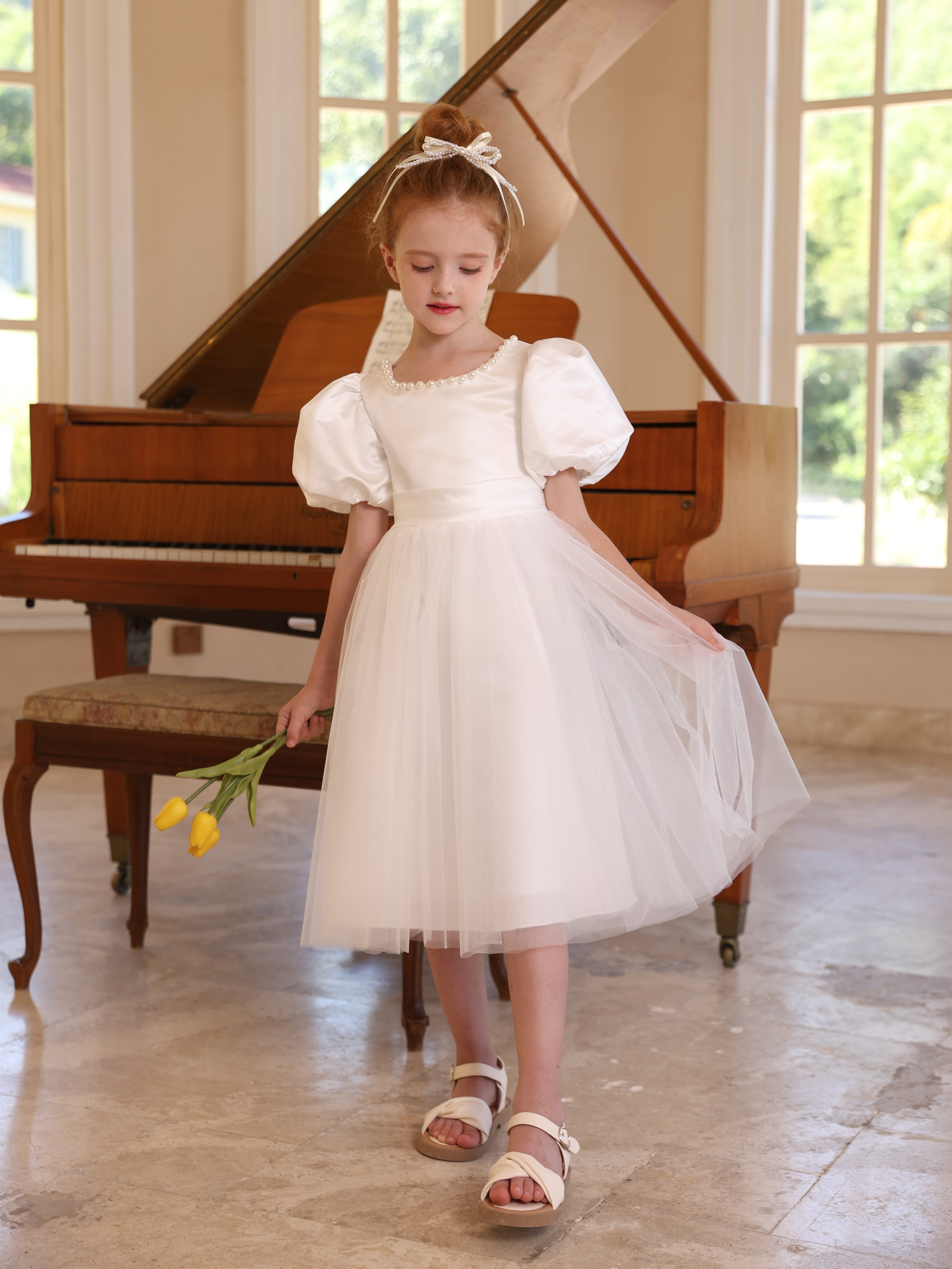 Ball-Gown Satin Tulle Scoop Short Sleeves Tea-Length Flower Girl Dresses With Bowknot White