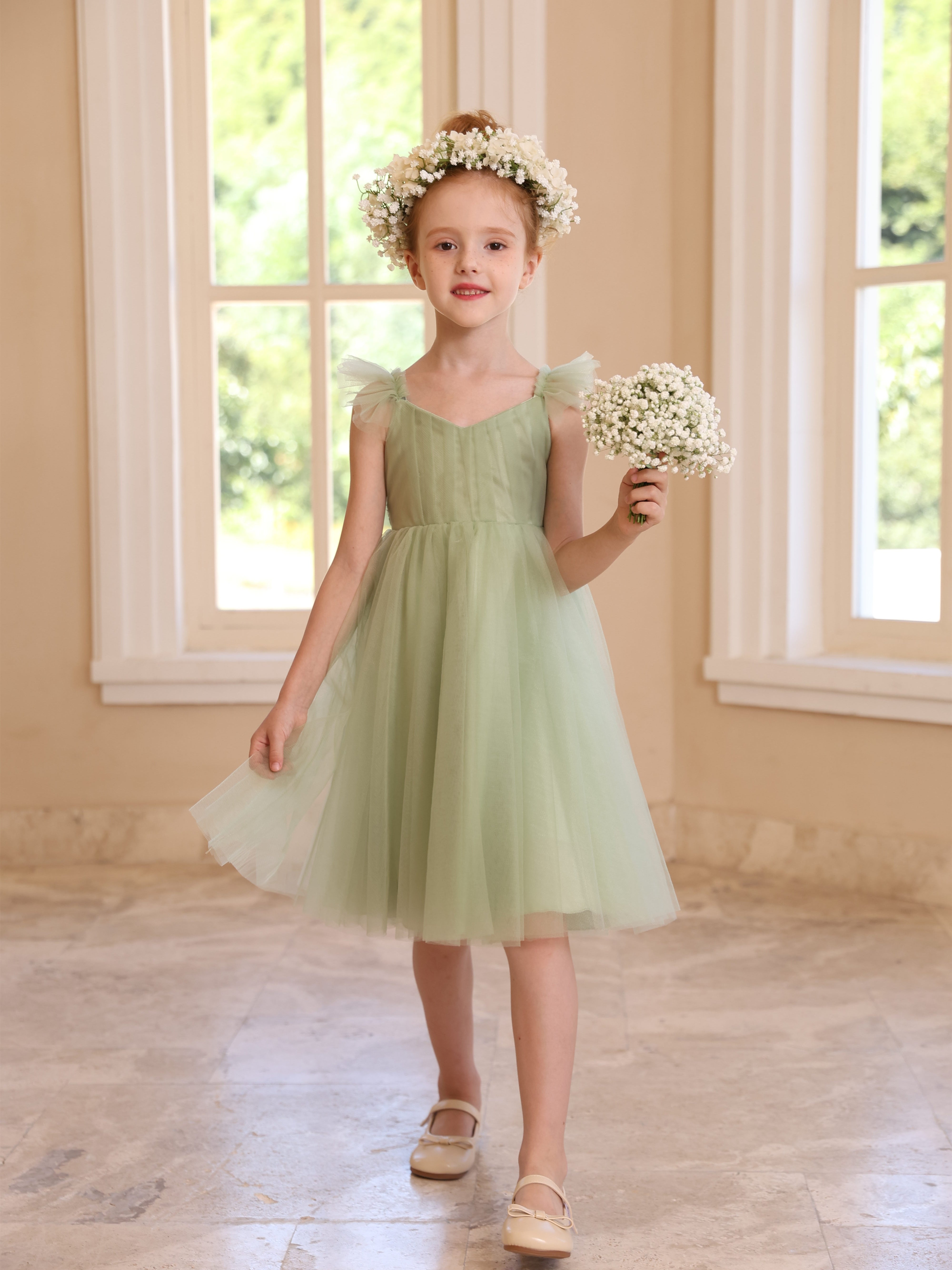 Ball-Gown Square Neck Sleeveless Knee-Length Flower Girl Dresses With Pure Color Sage