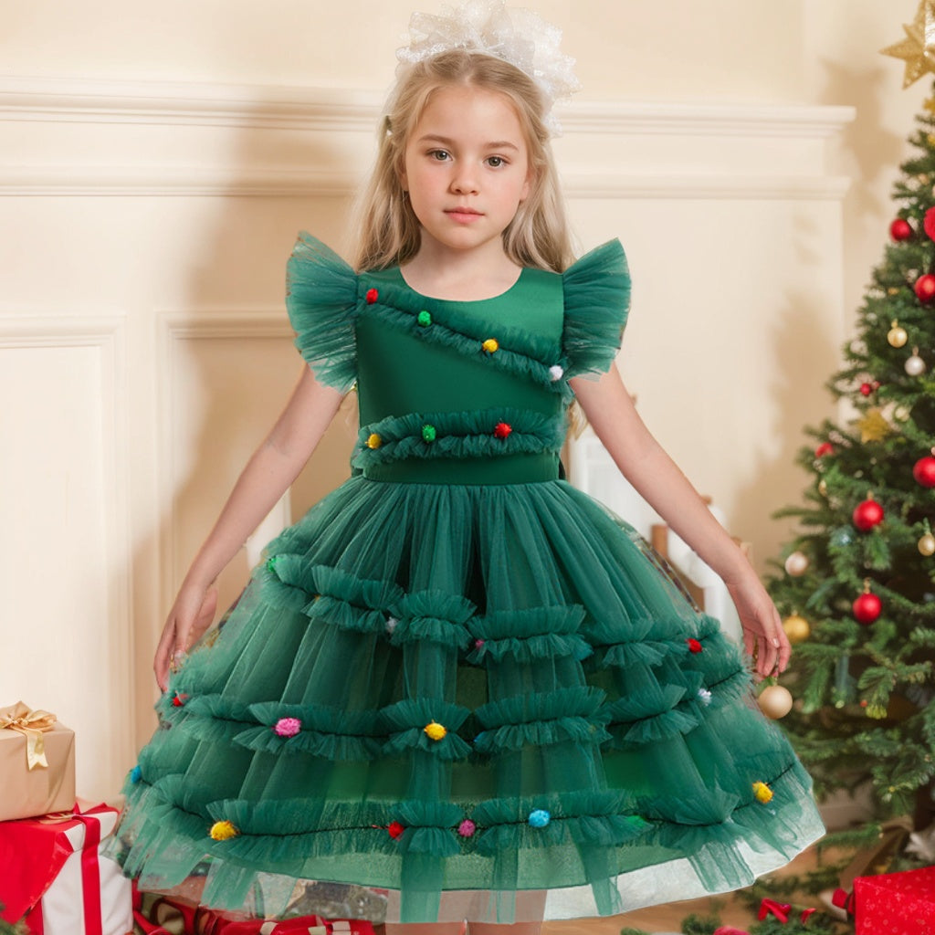 Ball-Gown Scoop Neck Short Sleeves Knee-Length Flower Girl Dress with Lace Green