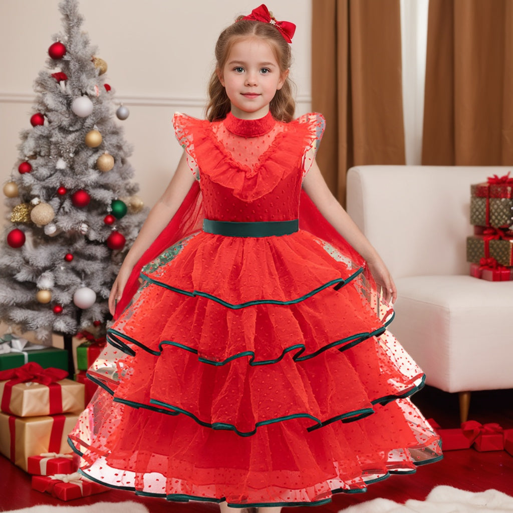 Ball-Gown Jewel Neck Sleeveless Tea-Length Flower Girl Dress with Lace Red