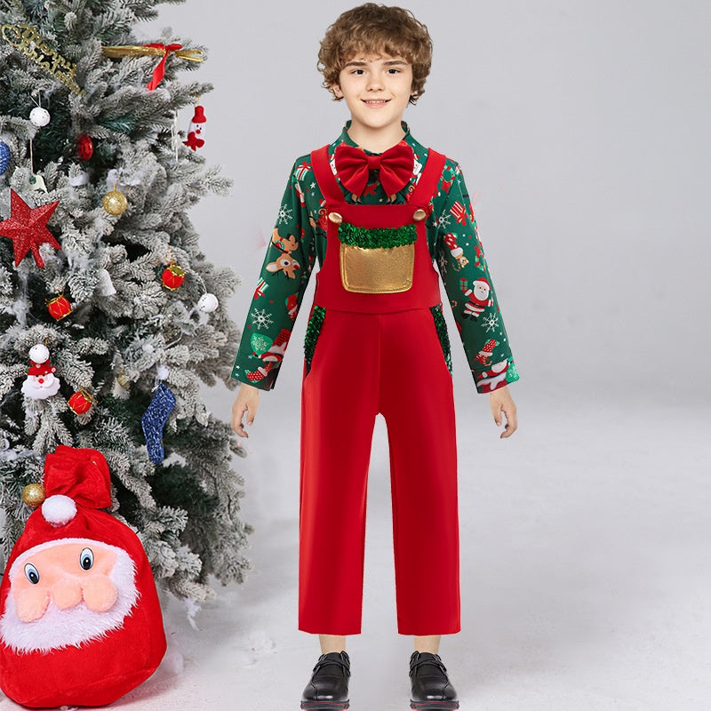 Christmas Two Piece Performance Costume Bow Tie Set Green