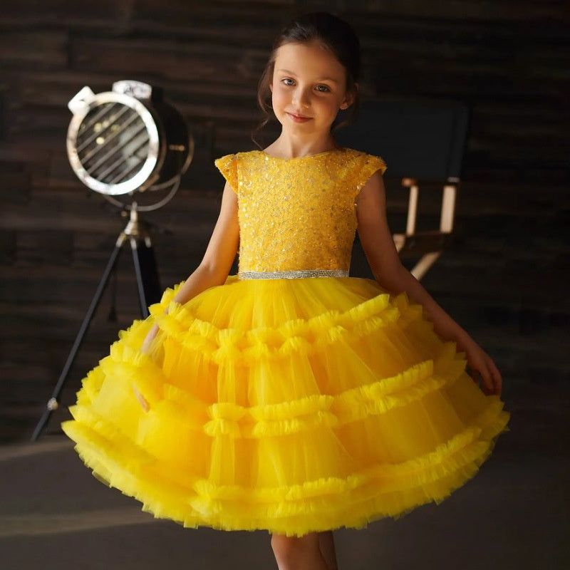 Ball-Gown Scoop Neck Sleeveless Knee-Length Flower Girl Dress with Bowknot Yellow