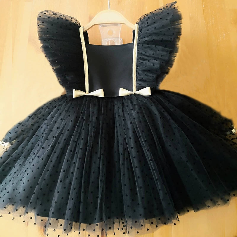Ball-Gown Square Neck Sleeveless Knee-Length Flower Girl Dress with Lace & Bowknot Black