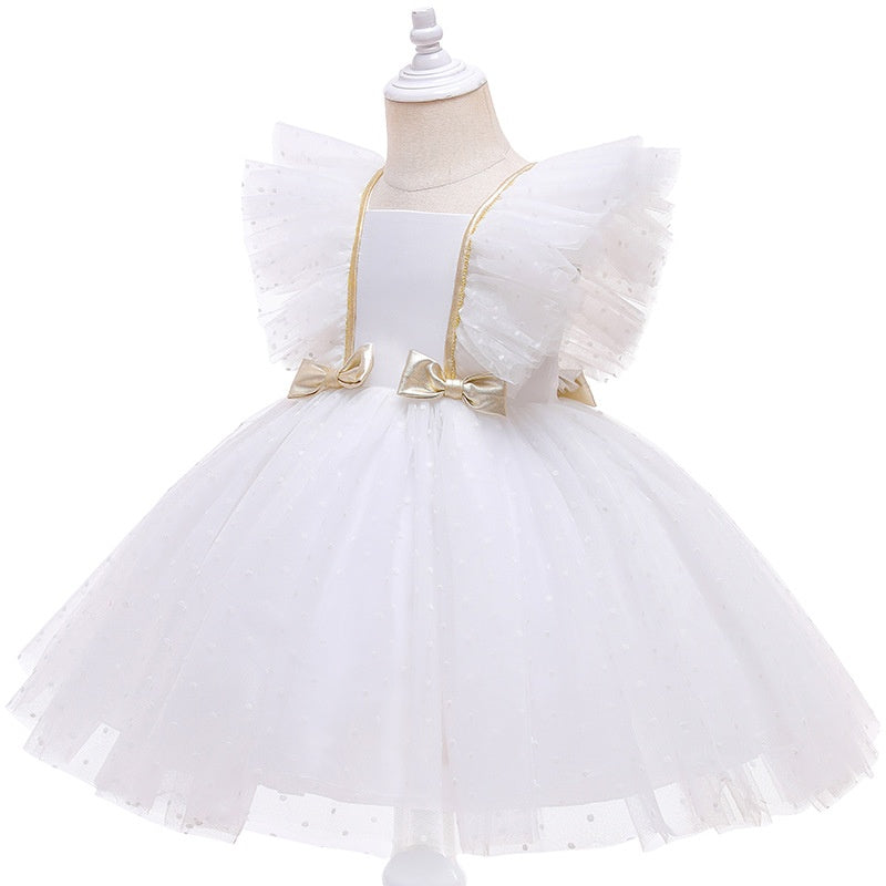 Ball-Gown Square Neck Sleeveless Knee-Length Flower Girl Dress with Lace & Bowknot White