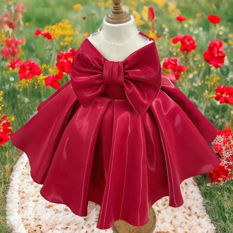 Ball-Gown Scoop Neck Sleeveless Knee-Length Flower Girl Dress with Bow Red