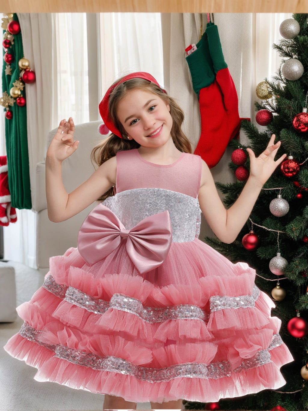 Ball-Gown Scoop Neck Sleeveless Knee-Length Flower Girl Dress with Bowknot & Lace Dusty Rose