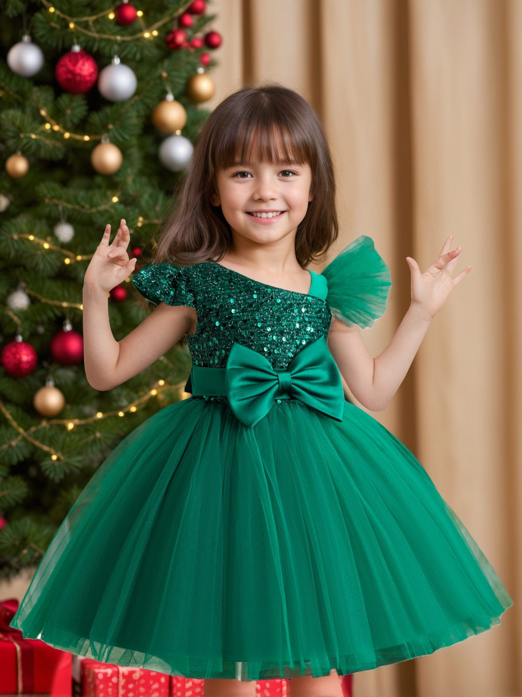 Ball-Gown One-Shoulder Short Sleeves Knee-Length Flower Girl Dress with Lace,Sequins & Bowknot Dark Green