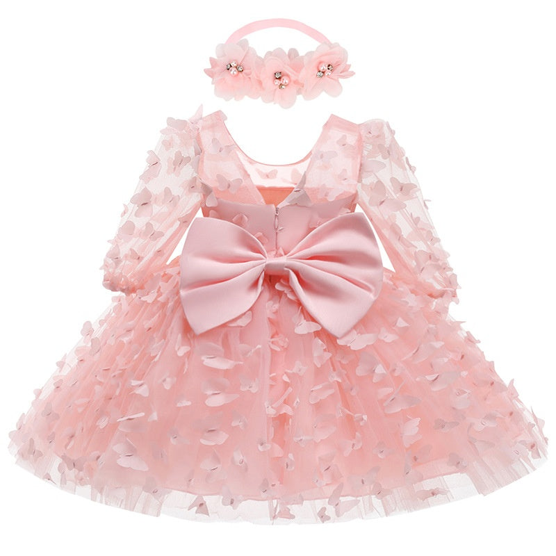 A-Line/Princess Scoop Neck 3/4 Length Sleeves Knee-Length Flower Girl Dress with 3D Butterfly Pink