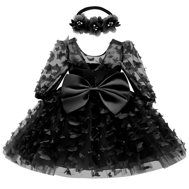 A-Line/Princess Scoop Neck 3/4 Length Sleeves Knee-Length Flower Girl Dress with 3D Butterfly Black