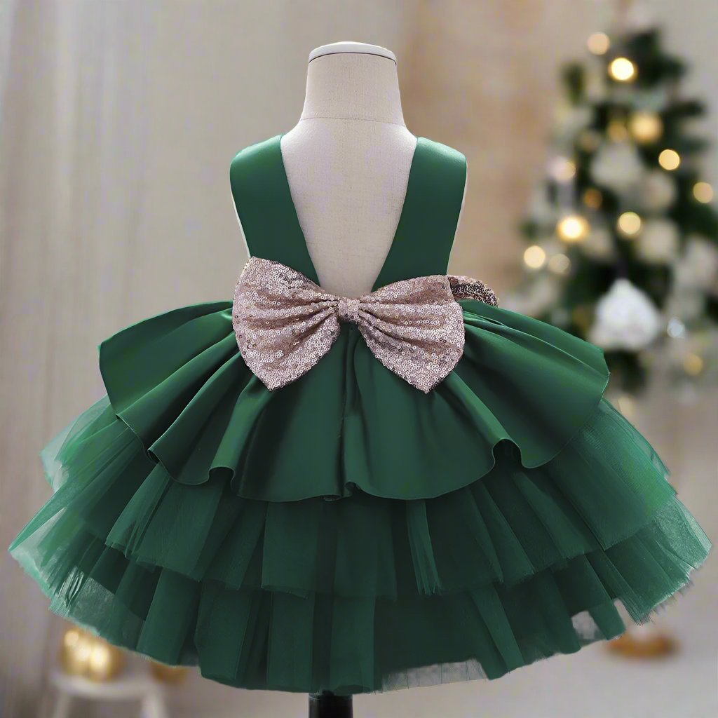 Ball-Gown Scoop Neck Sleeveless Knee-Length Flower Girl Dress with Bowknot Dark Green
