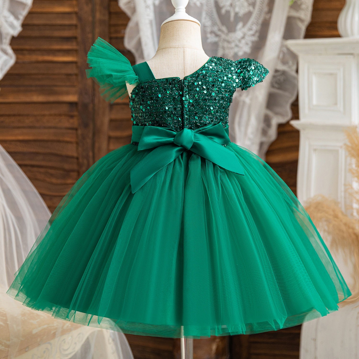 Ball-Gown One-Shoulder Short Sleeves Knee-Length Flower Girl Dress with Lace,Sequins & Bowknot
