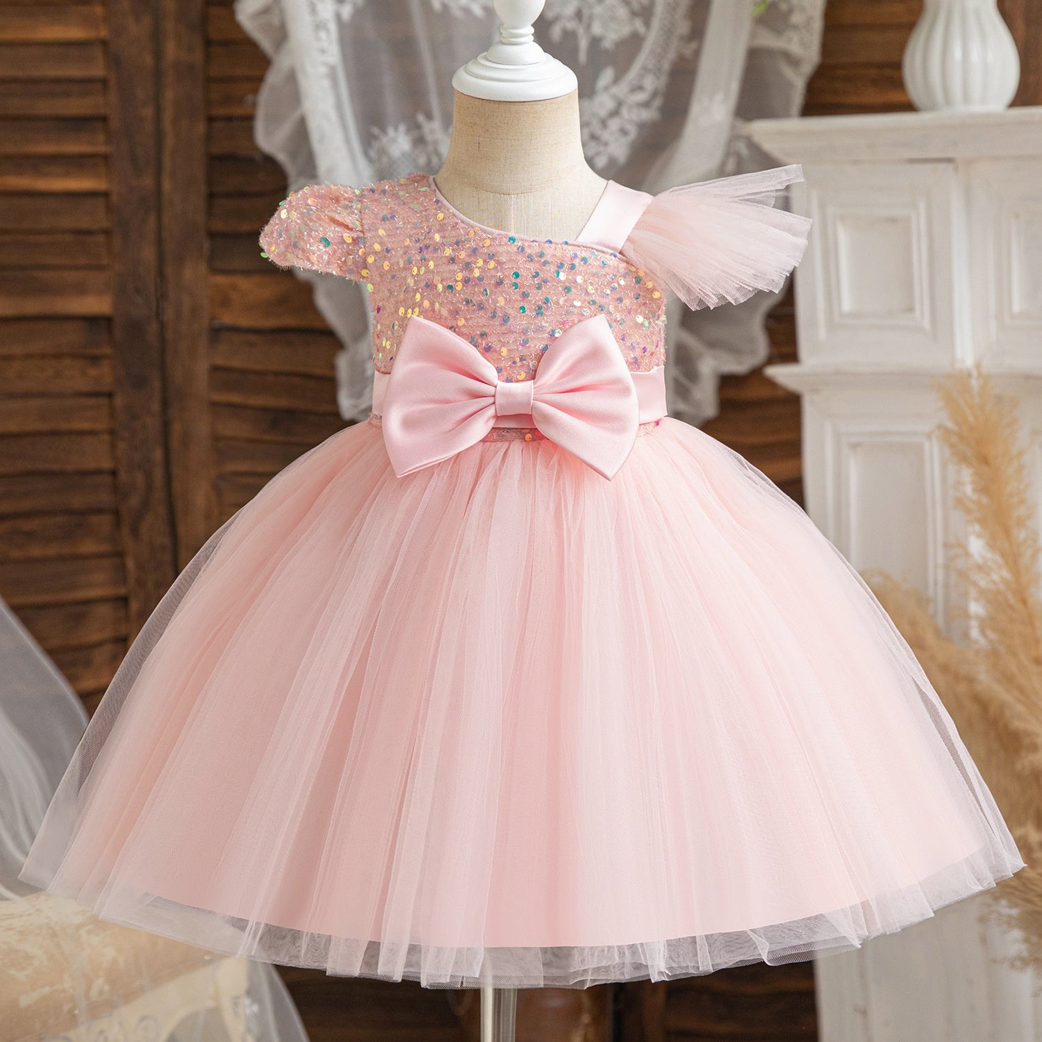 Ball-Gown One-Shoulder Short Sleeves Knee-Length Flower Girl Dress with Lace,Sequins & Bowknot Pink