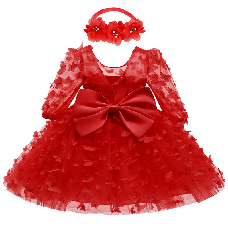 A-Line/Princess Scoop Neck 3/4 Length Sleeves Knee-Length Flower Girl Dress with 3D Butterfly Red