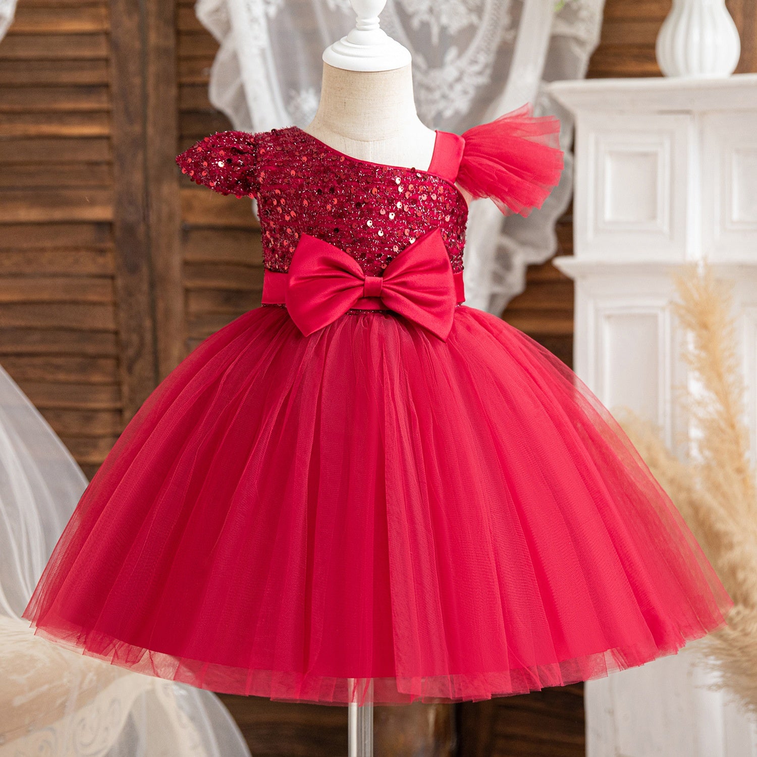 Ball-Gown One-Shoulder Short Sleeves Knee-Length Flower Girl Dress with Lace,Sequins & Bowknot Red