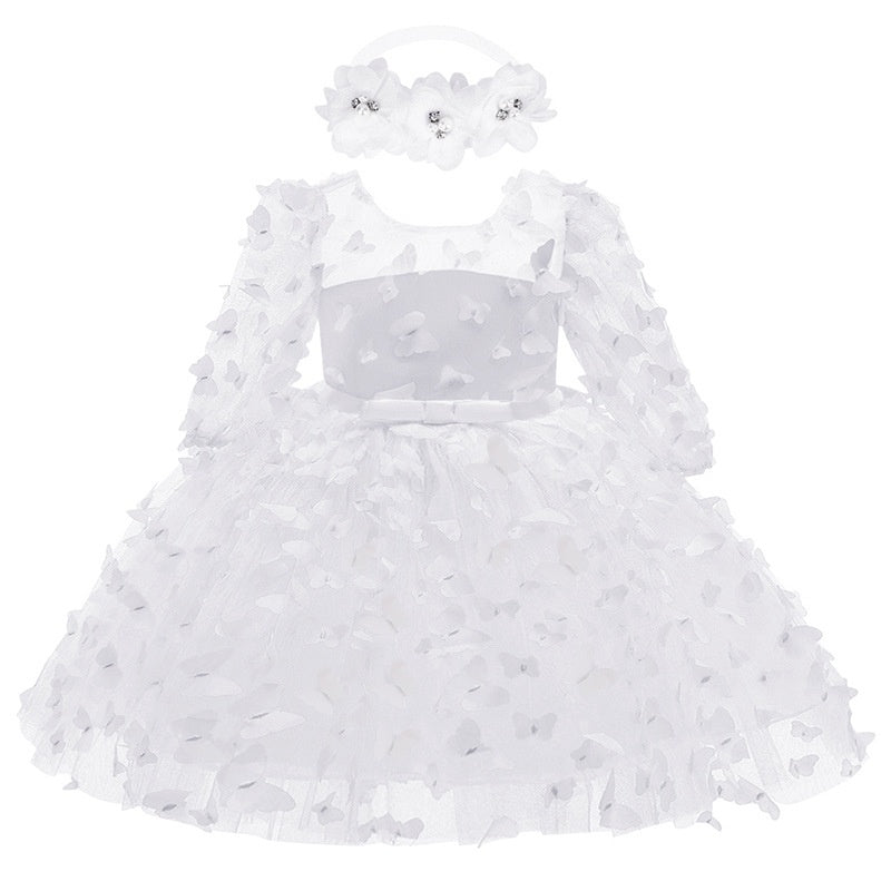 A-Line/Princess Scoop Neck 3/4 Length Sleeves Knee-Length Flower Girl Dress with 3D Butterfly White