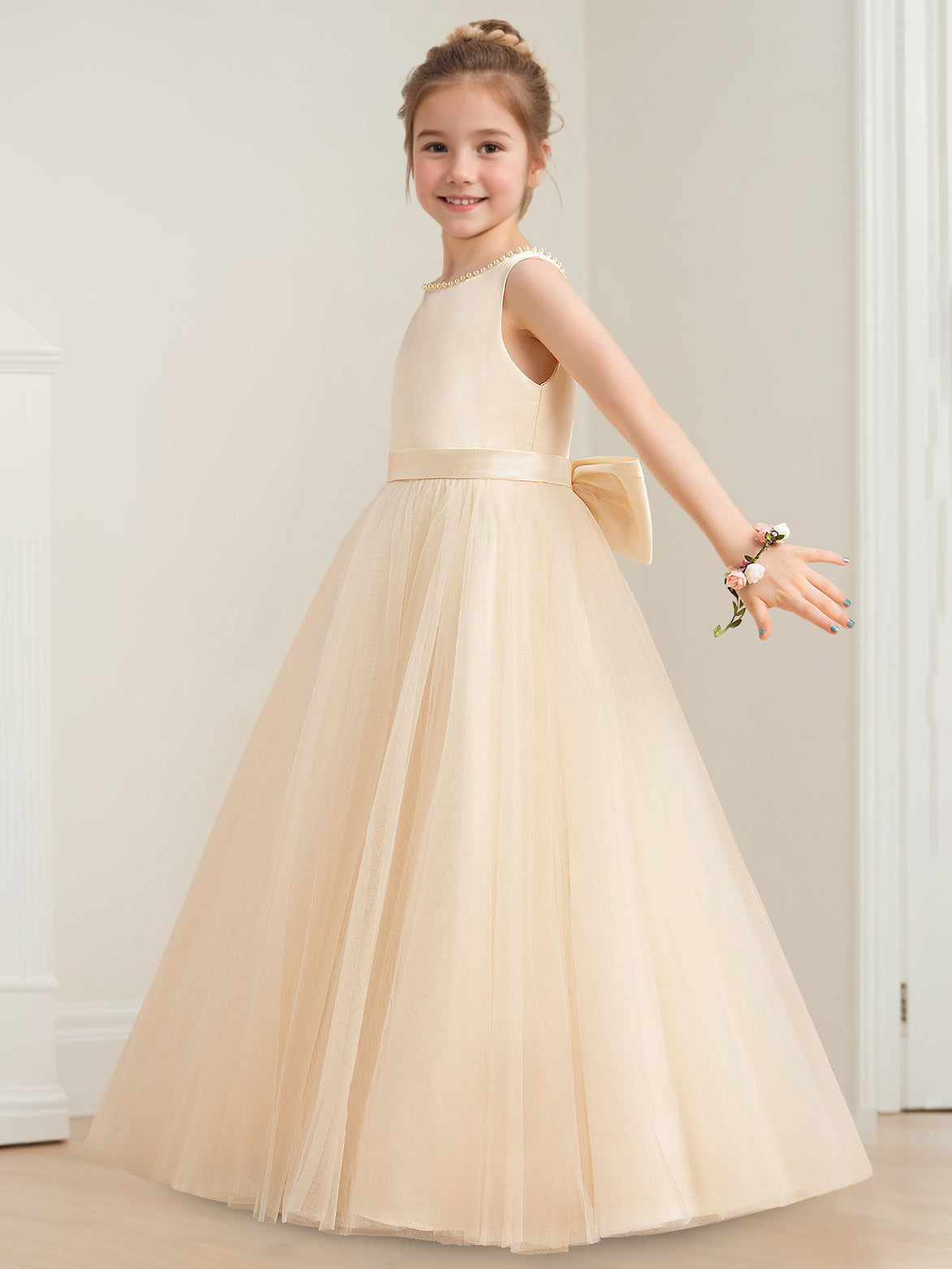 Ball Gown Scoop Neck Sleeveless Knee-Length Flower Girl Dress with Beads,Pearls & Bowknot Sky Blue