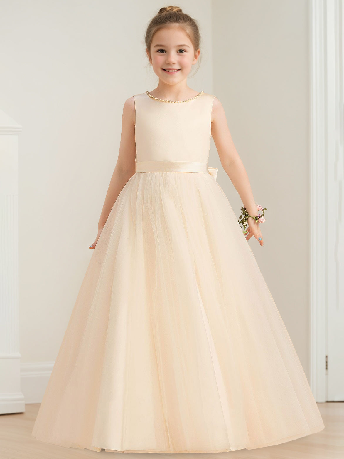 Ball Gown Scoop Neck Sleeveless Knee-Length Flower Girl Dress with Beads,Pearls & Bowknot As Pic