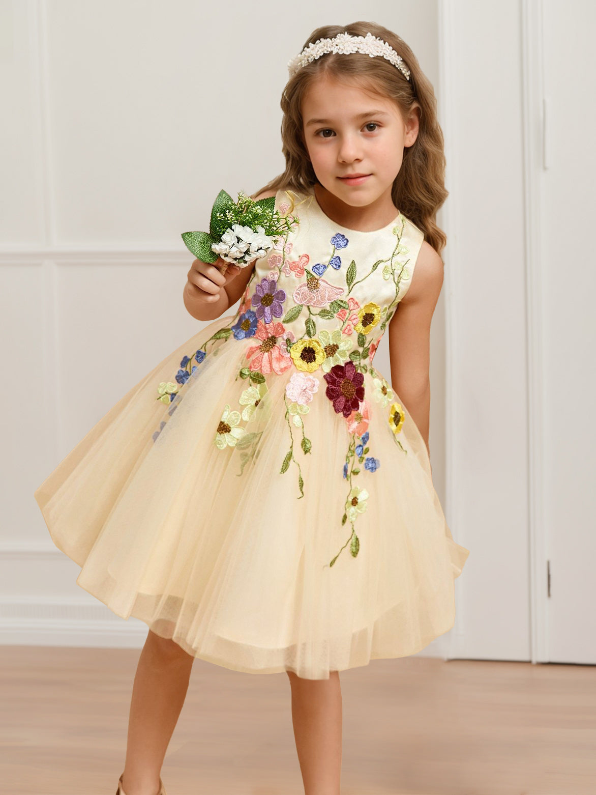 A-Line/Princess Scoop Neck Sleeveless Knee-Length Flower Girl Dress with 3D Flowers & Bowknot Sky Blue