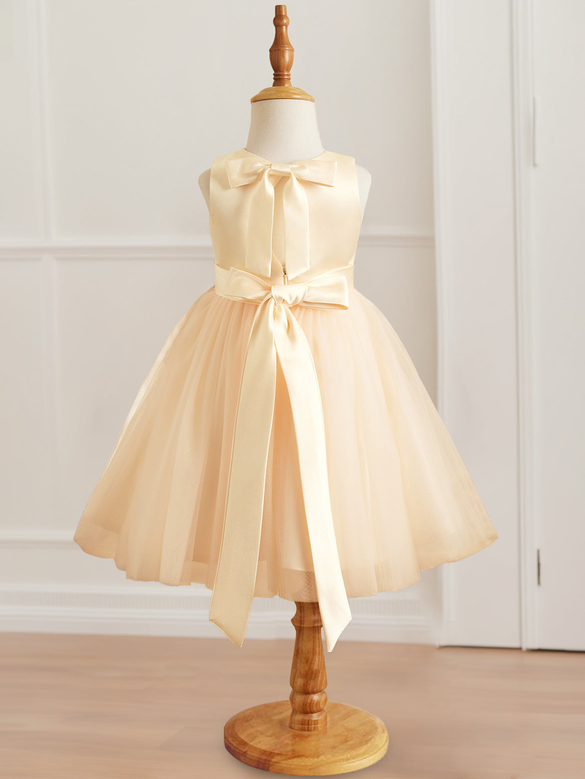 A-Line/Princess Scoop Neck Sleeveless Knee-Length Flower Girl Dress with 3D Flowers & Bowknot Dark Navy